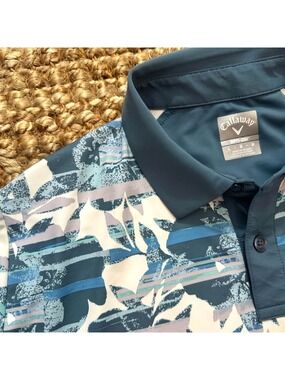 Callaway Golf Opti-Dri Polo Shirt Mens Large L Blue Floral Tropical Print Golf